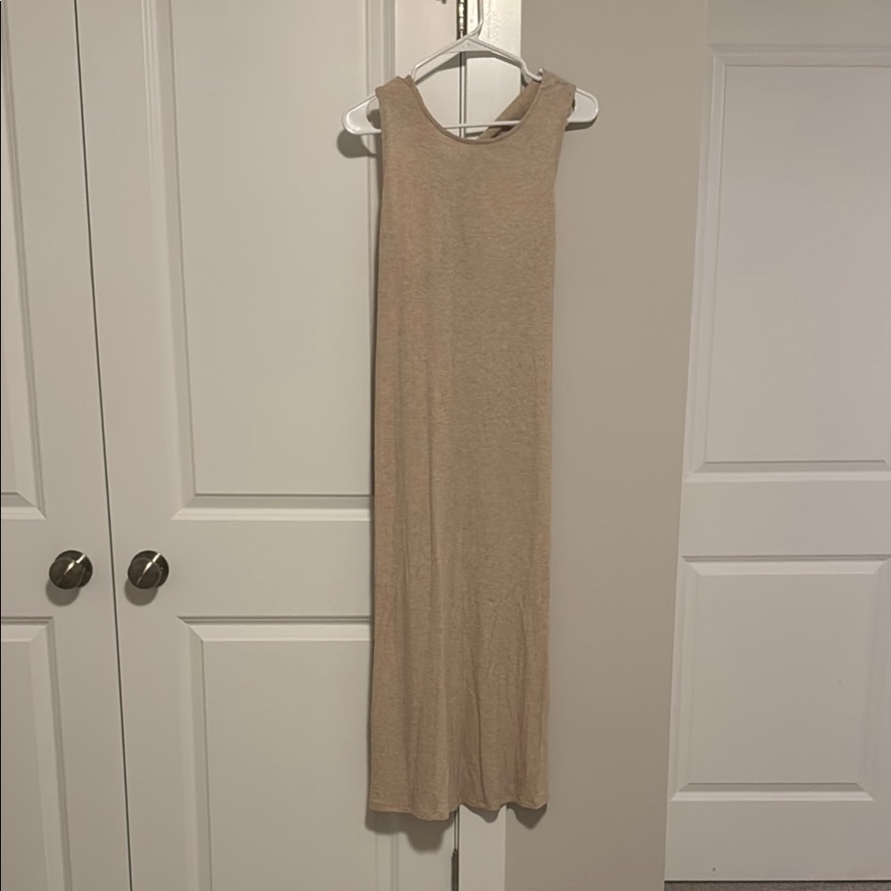 Crescent Tan Sheath Midi Dress Mock Neck Sleeveless